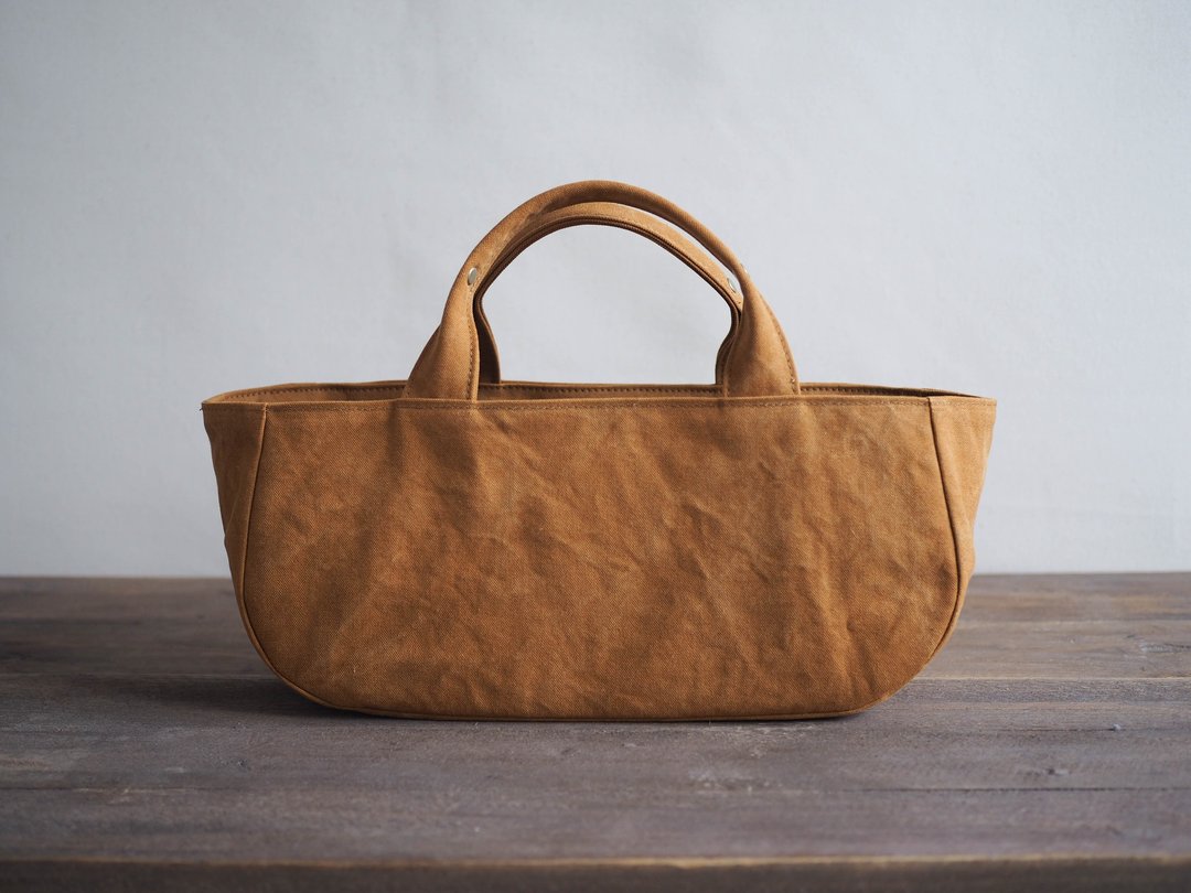 Made-to-order ARMY DUCK Round tote with lid Yokonaga camel - 手提包/手提袋 - 棉 咖啡色