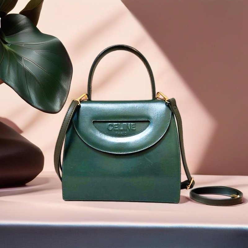 初夏优惠中古二手Celine橄榄绿半月皮革单肩侧背孭斜背包手袋 - 侧背包/斜挎包 - 真皮 绿色