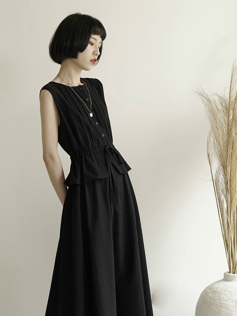 黑色 純棉法式復古束腰假兩件洋裝 優雅長款高腰修身顯瘦連身裙 - 洋装/连衣裙 - 棉．麻 黑色