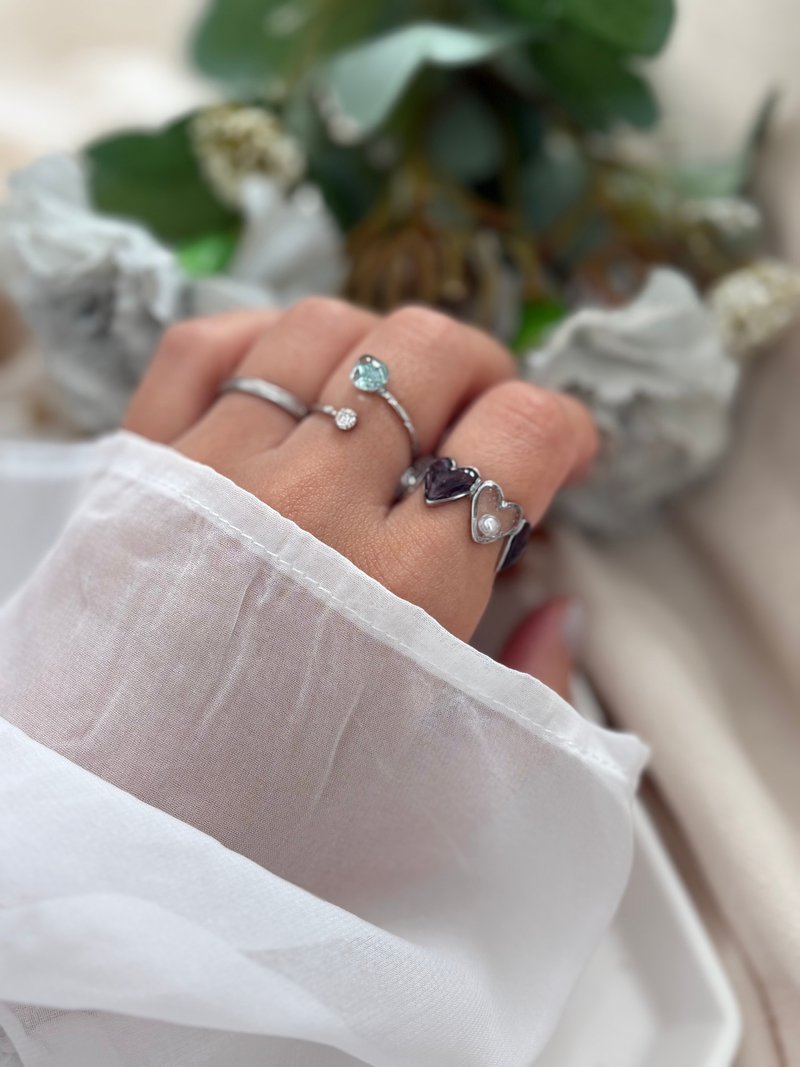 组合戒指 爱心复古戒指 & 海玻璃叉形戒指 耳骨夹 两用 - 戒指 - 树脂 蓝色