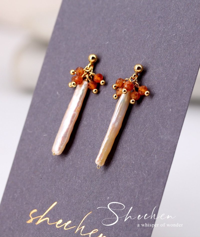 天然 石榴石芬达石+天然长方浅金色珍珠耳环 极闪 天然石耳坠 - 耳环/耳夹 - 半宝石 橘色