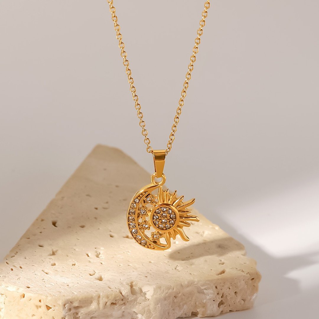 新品! ANJI 18K 镀金 日月镶钻链 女 吊坠 项链 - 项链 - 不锈钢 黄色
