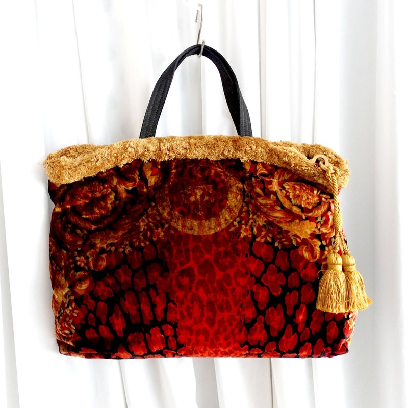 VERSACE红色宫殿图案丝绒布料金色流须手提袋 名牌正版品手袋包包 - 手提包/手提袋 - 真皮 红色