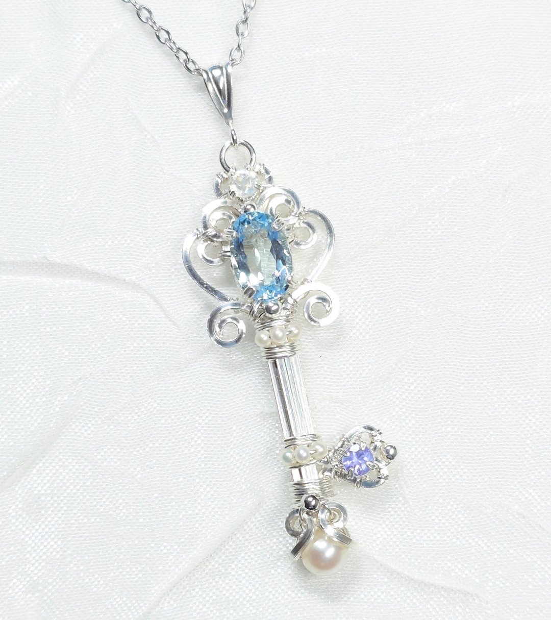 SV925 海蓝宝银线钥匙坠饰 - 项链 - 宝石 蓝色