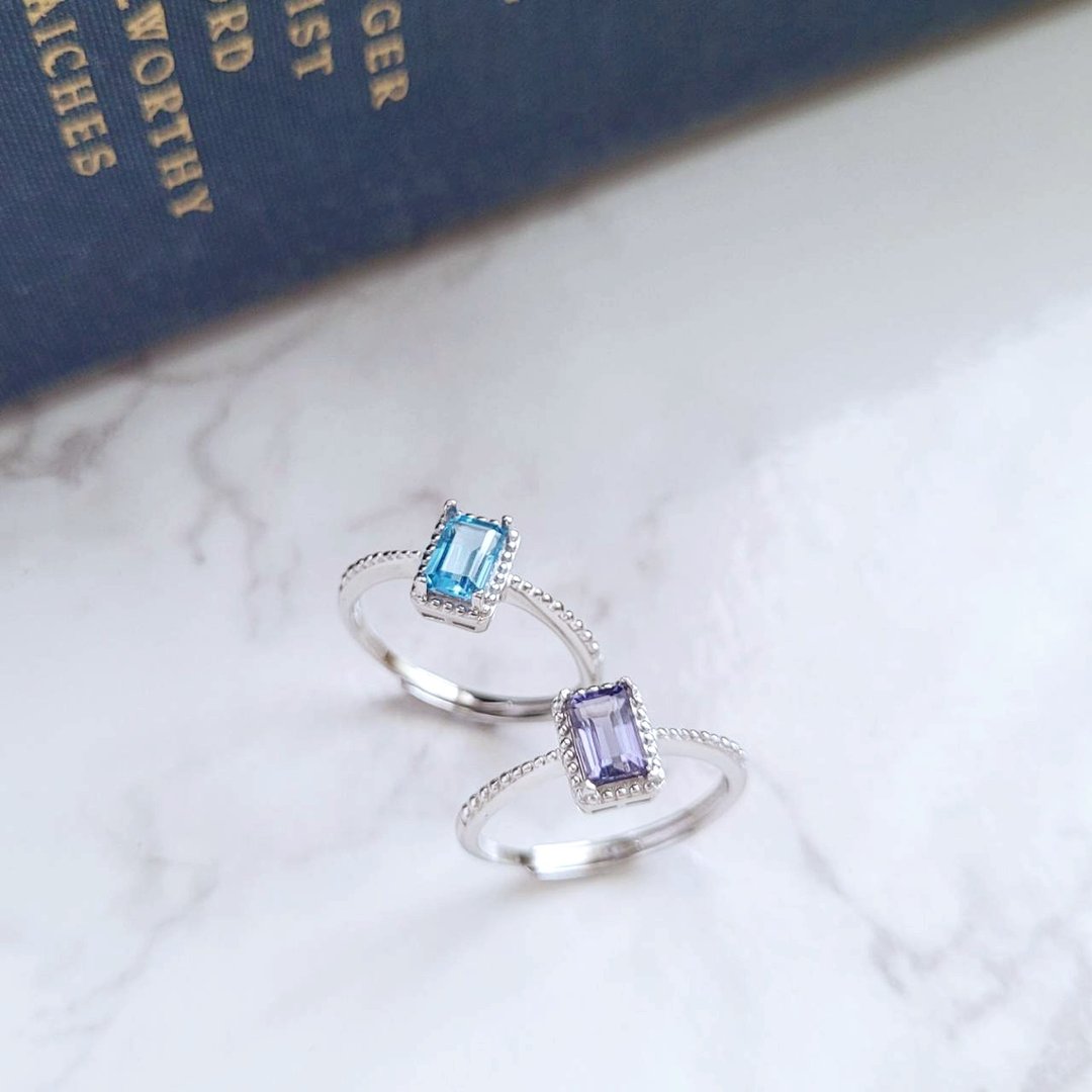夏绿蒂。4X6mm 托帕石/堇青石 925 银戒指  戒围可调 - 戒指 - 纯银 紫色