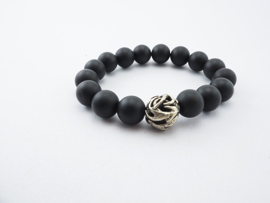 Horn bead 12 mm.matte black agate stone bracelet in brass ,men jewelry  - 手链/手环 - 其他金属 银色