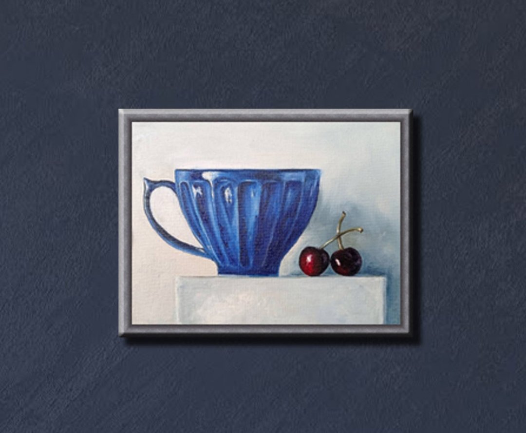 静物画，原创艺术，手绘艺术，油画，茶杯，樱桃 - 海报/装饰画/版画 - 其他材质 蓝色