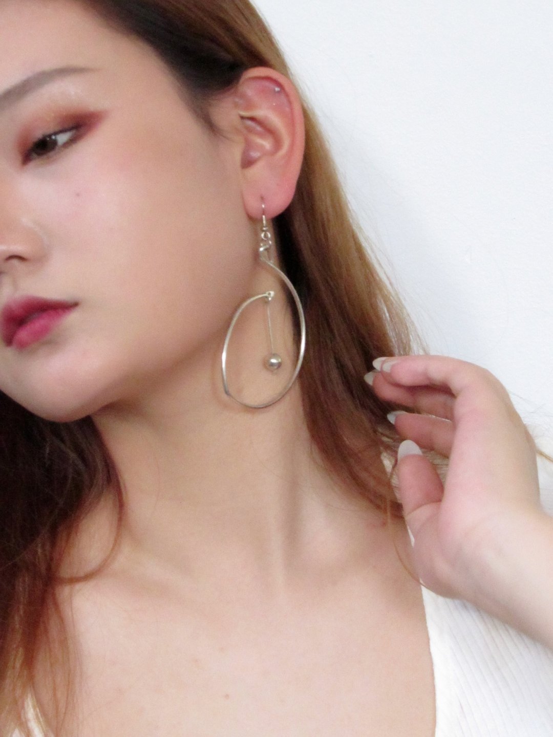 Vintage Modernism Scandinavian Sterling Silver Curve Drop Earrings - 耳环/耳夹 - 银 银色