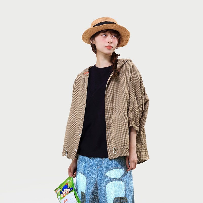 细线窗格连帽抽绳外套 - 女装休闲/机能外套 - 棉．麻 咖啡色