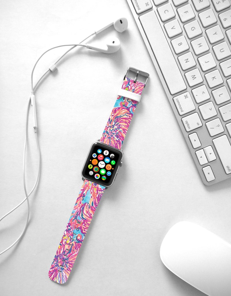 抽象水彩画花 粉红 Apple Watch 真皮手表带 38 40 42 44 mm -042 - 表带 - 真皮 粉红色