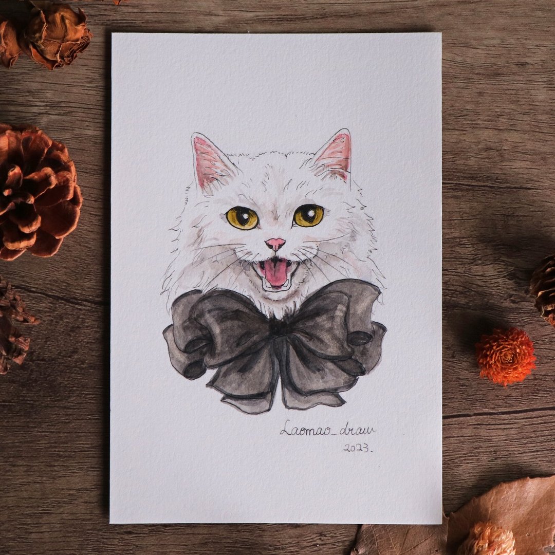 水彩插画原画稿 猫咪头像 4X6 6寸 4007 白猫猫与蝴蝶结领 - 海报/装饰画/版画 - 纸 