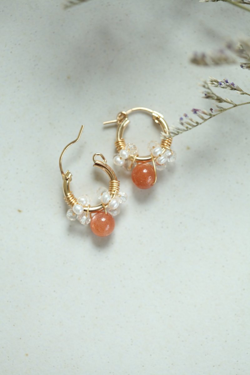 Happycircle1.5cm│太阳石款 水晶 淡水珍珠 生日 礼物 橘色 正能 - 耳环/耳夹 - 宝石 橘色