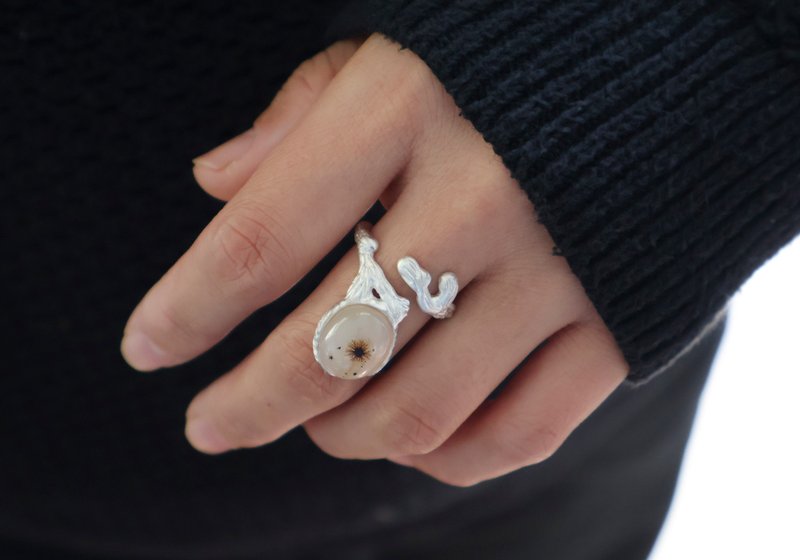 原创手工 990纯银镶嵌玉髓开口戒指 - 戒指 - 纯银 银色