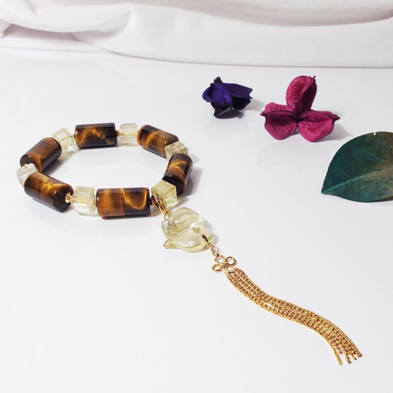 顶级黄虎眼石 黄水晶 魔方 狐仙 天圆地方 招财 手链 单品 礼物 - 手链/手环 - 宝石 黄色
