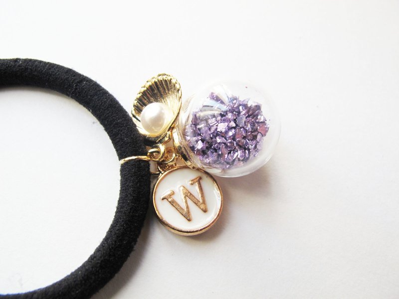 Rosy Garden 薰衣草紫色星球玻璃球配珍珠贝壳字母发圈 结婚礼物 - 发饰 - 玻璃 紫色