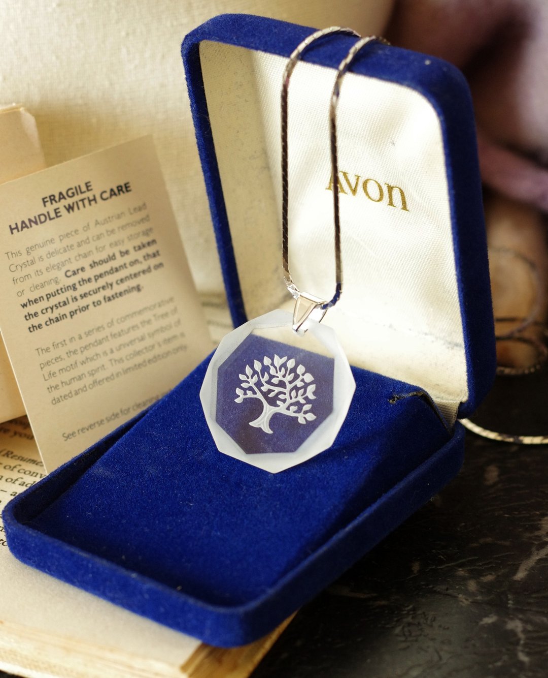 -古董1981人文精神生命树水晶玻璃项链AVON 原装盒 N442 - 项链 - 其他金属 银色