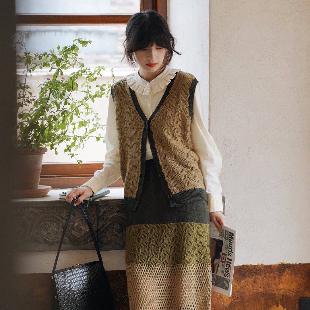 绿色拼接镂空针织背心开衫|针织衫|夏秋款|Sora-793 - 女装针织衫/毛衣 - 羊毛 绿色