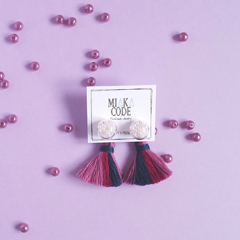 10mm透明玻璃球 珍珠 混色(酒红蓝色) 流苏 耳环/耳夹 秋冬 聖誕 - 耳环/耳夹 - 玻璃 红色