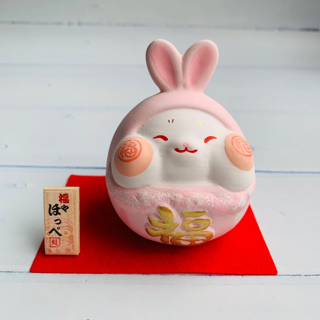福气好运脸颊兔 - 粉色/茶色 - 日本吉祥物 开运 送礼 中秋礼物 - 摆饰 - 陶 