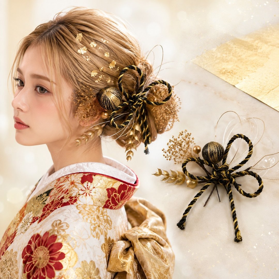 发饰 9 件组｜组绳．黑金．美国花｜和服．日式造型．干燥花 - 发饰 - 其他材质 金色