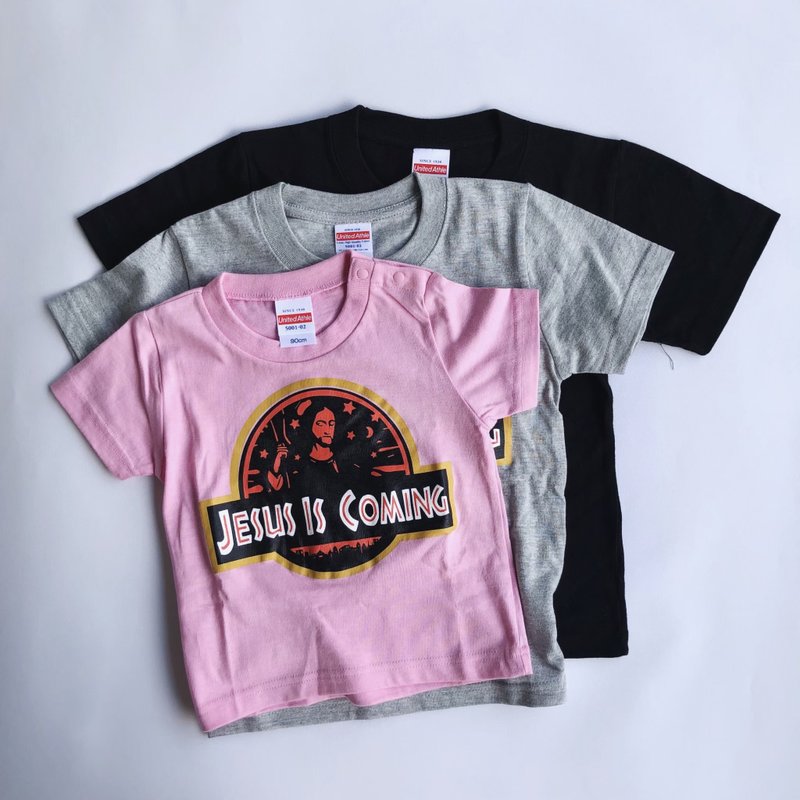 粉红【侏罗纪耶稣】耶稣再来 小孩 儿童 短袖衣服 T-Shirt - 童装上衣 - 棉．麻 粉红色