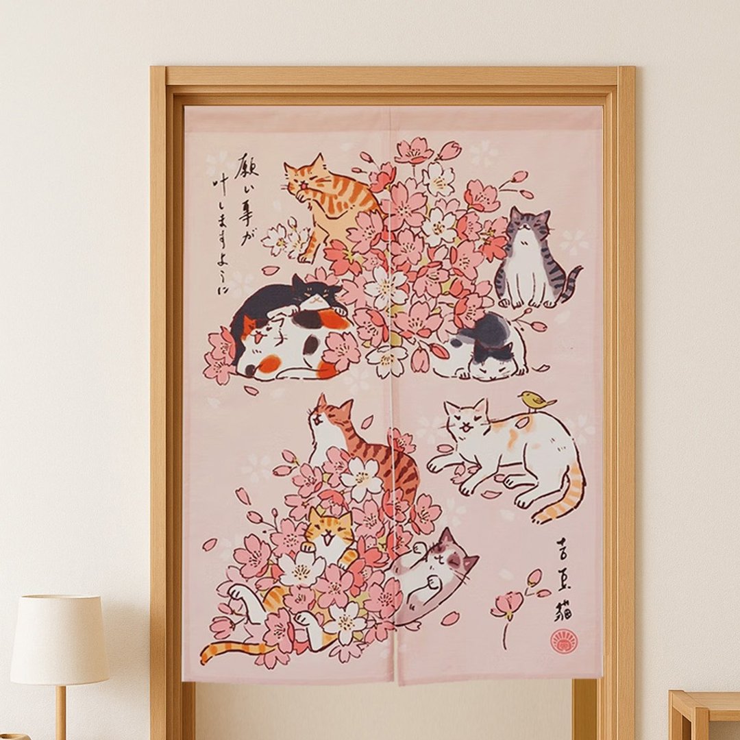 吉豆猫 祈福九猫门帘 樱花 (粉/插画门帘/挡煞/厚磅材质) - 门帘/门牌 - 棉 粉红色