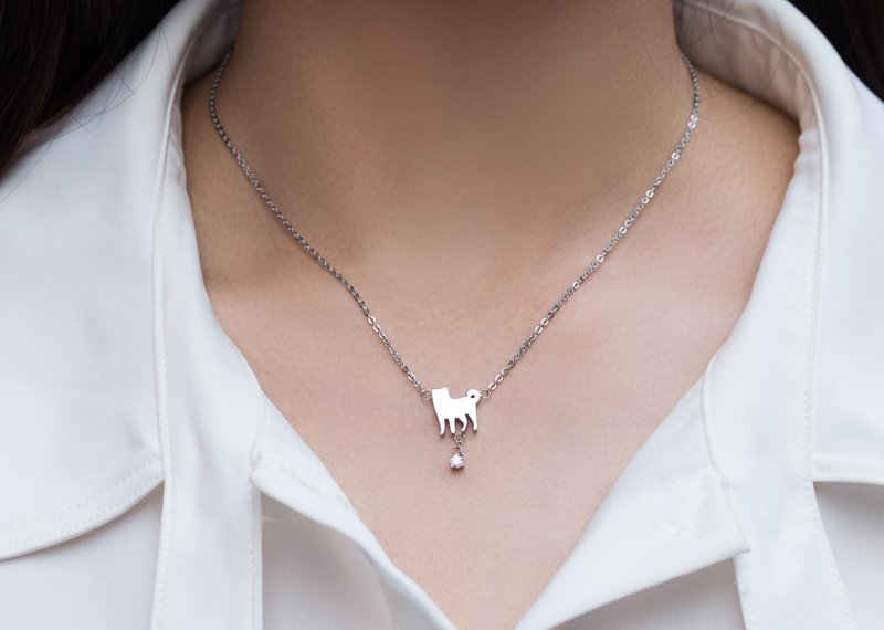 柴犬项链 狗狗背影与钻系列-抗敏医疗钢 - 项链 - 不锈钢 银色