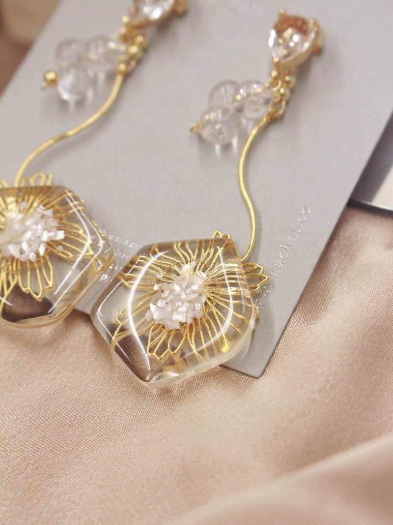 眼睛水汪汪。(2way)MUCHAT手作14+18KGP水晶玲丸珠花片纯银针耳环 - 耳环/耳夹 - 其他金属 透明