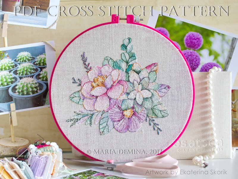Floral Bouquet With Succulent PDF cross stitch pattern - 手工艺教程/工具书 - 其他材质 