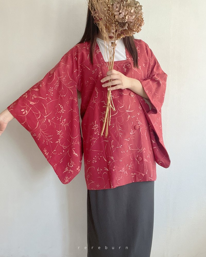 日本制和风印花薄款红色古着道行羽织和服外套 - 女装休闲/机能外套 - 聚酯纤维 红色