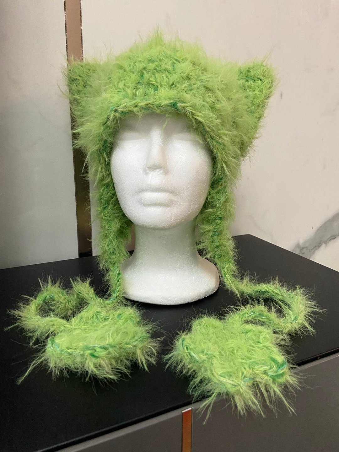 手工混纺绿猫耳毛帽粗针钩织狐狸帽Y2K美学森林绿猫帽手工制作 - 帽子 - 其他材质 绿色