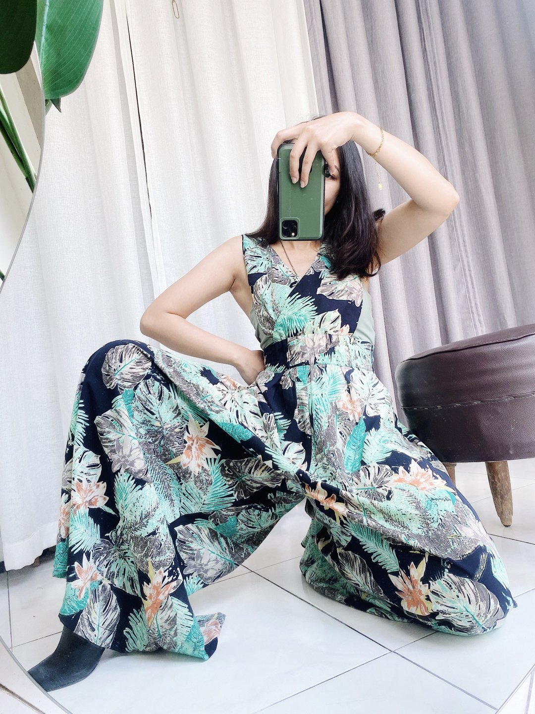 海蓝夏绿恋爱周末派对庆典 古着薄料纺纱连身裤吊带裤 overalls - 背带裤/连体裤 - 聚酯纤维 绿色