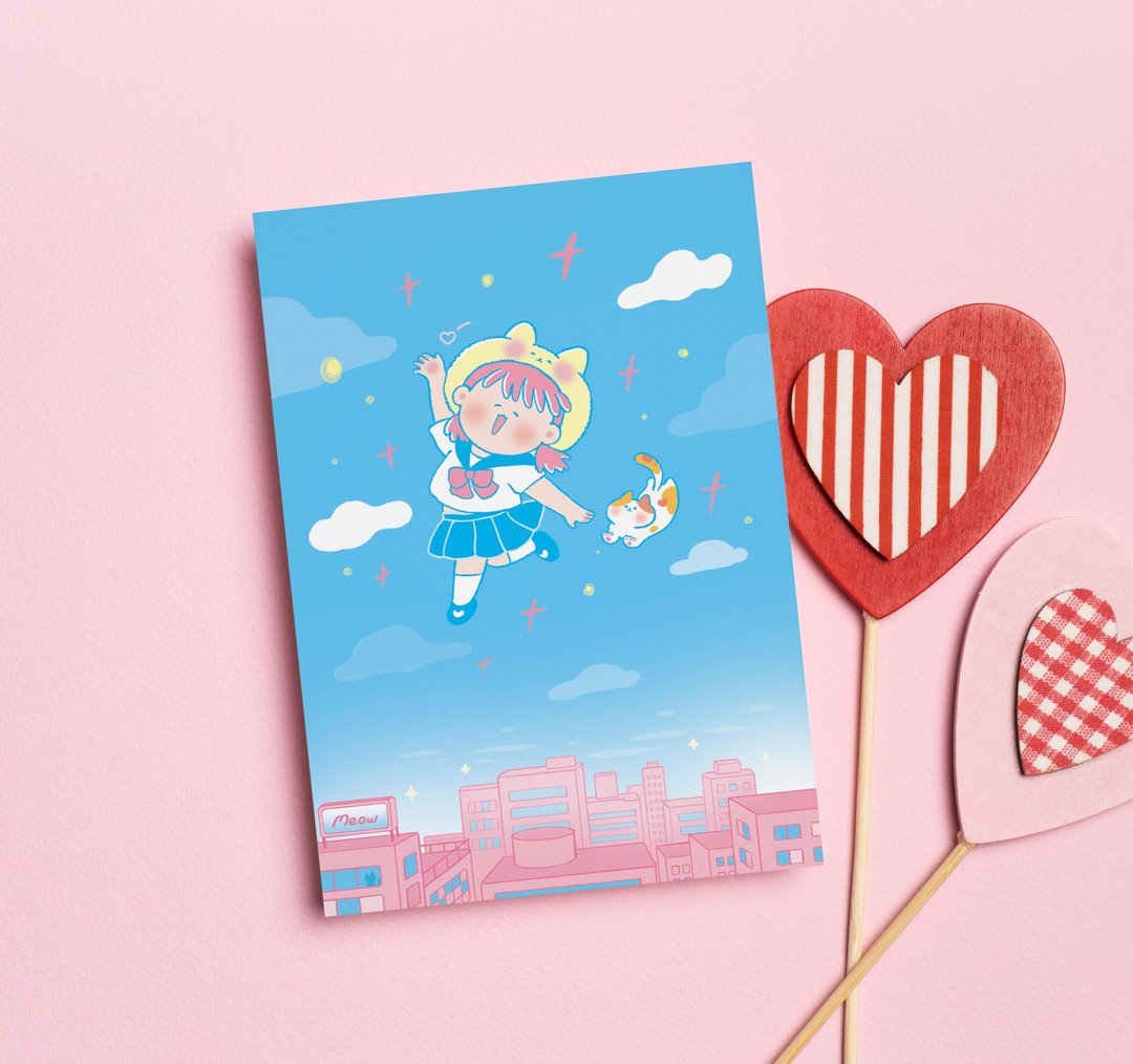 Kyraillust 插画明信片 Postcard - 猫与青空 - 卡片/明信片 - 纸 蓝色