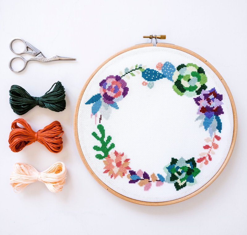 Succulent Wreath Cross Stitch PDF Pattern 十字繡 - 编织/刺绣/羊毛毡/裁缝 - 其他材质 