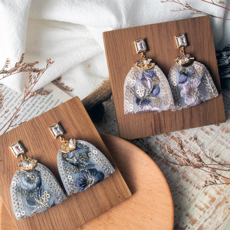 刺绣缎带耳环 蓝色 紫色 法式优雅质感 925银耳针 - 耳环/耳夹 - 其他金属 多色
