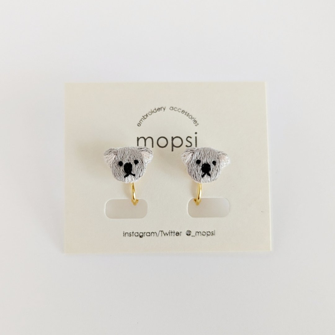 Koala Embroidered Earrings/ Clip-On - 耳环/耳夹 - 绣线 灰色