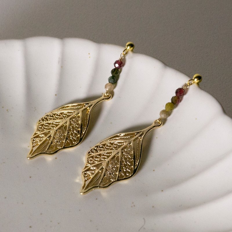 【定制化礼物】叶舞 -天然石耳环 碧玺 可改耳夹 夹式耳环 - 耳环/耳夹 - 半宝石 多色