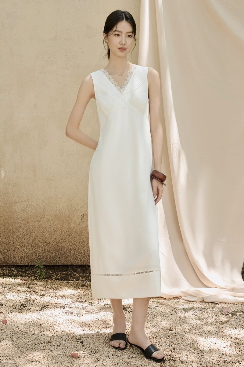 法式极简 亚麻天丝v领无袖连身裙 - 洋装/连衣裙 - 其他材质 白色
