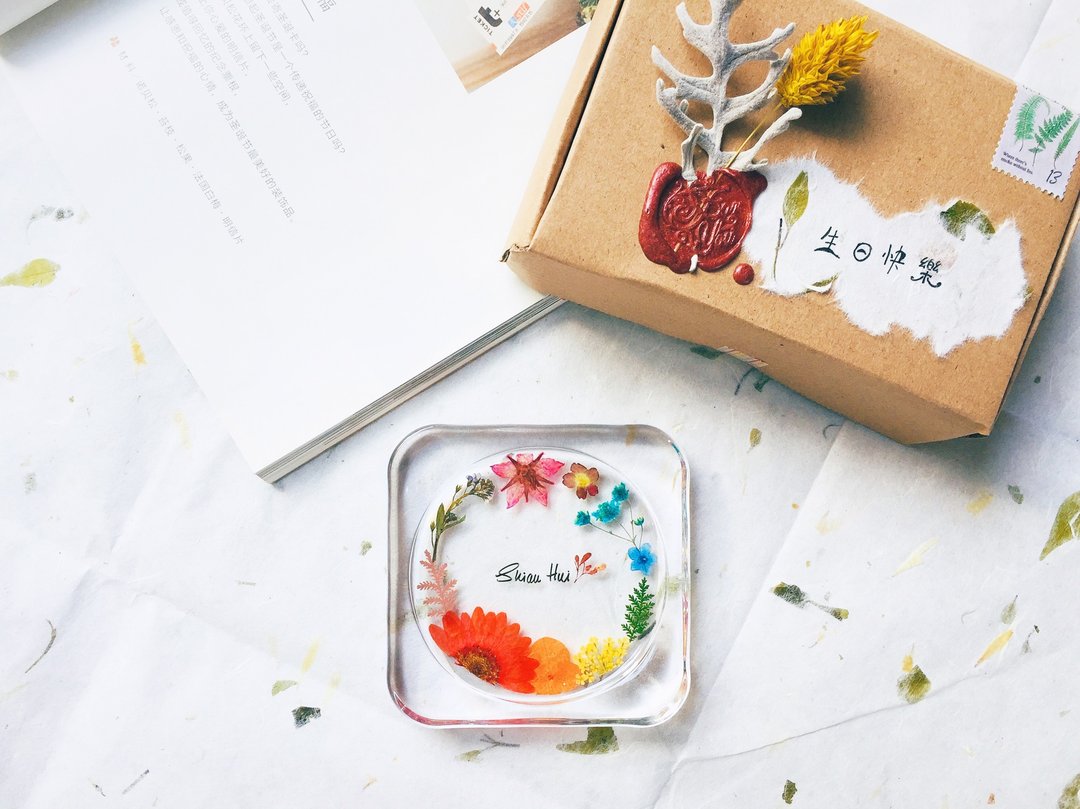 壓花 花圈 名字 杯墊 Customize Name Pressed Flower Coaster - 杯垫 - 玻璃 多色