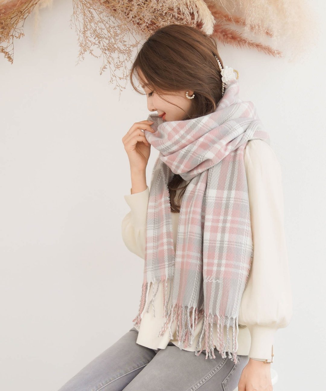 Stole muffler tartan check vaniller logo / le reve vaniller - 其他 - 棉 粉红色
