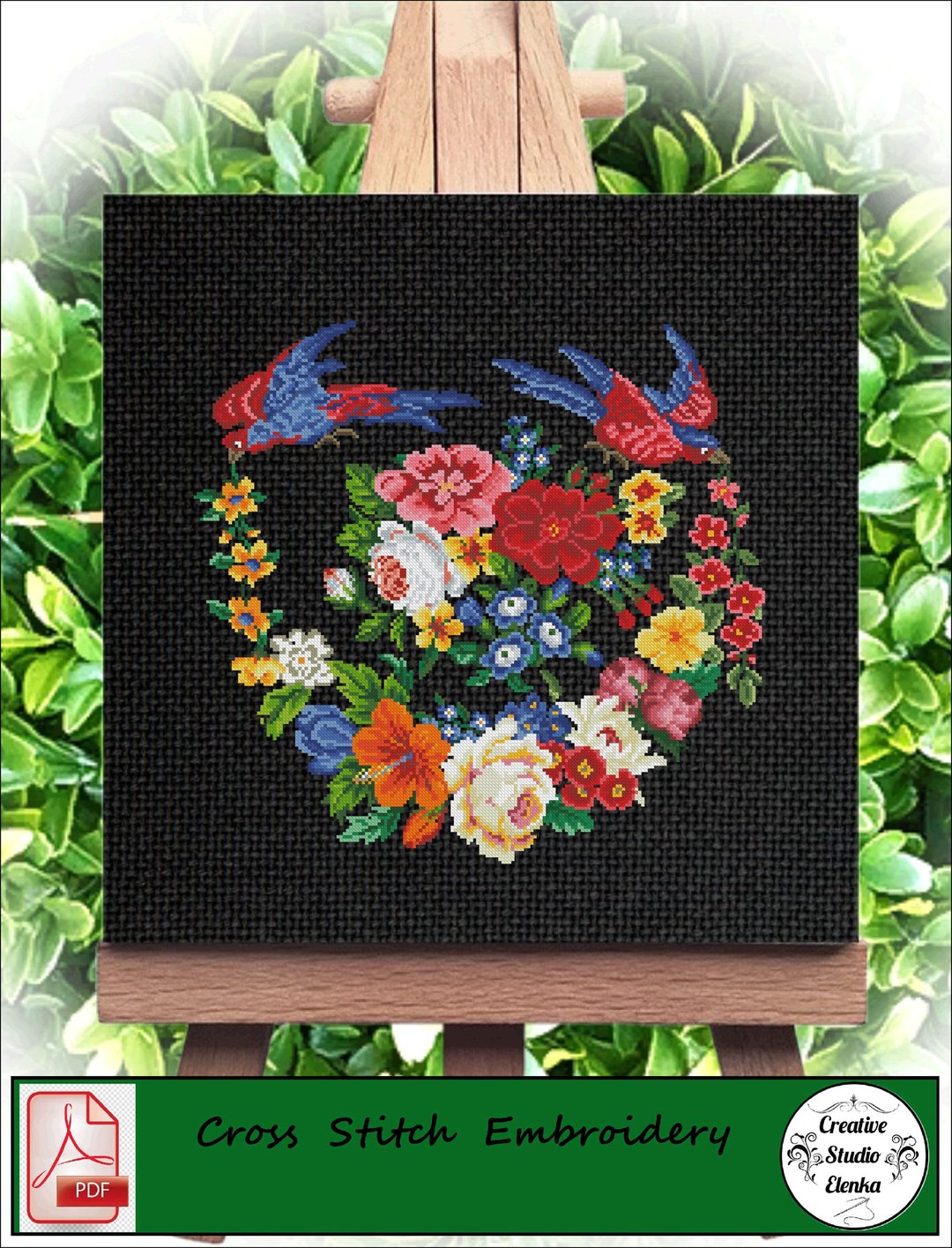 Vintage Cross Stitch Scheme Birds and a wreath - PDF Embroidery Scheme - 编织/刺绣/羊毛毡/裁缝 - 其他材质 