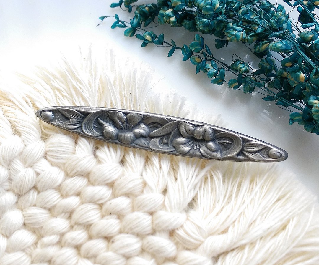 Vintage Jewelry 西洋古董饰品 文艺复兴风格 花叶雕纹 一字 别针 - 徽章/别针 - 其他金属 金色