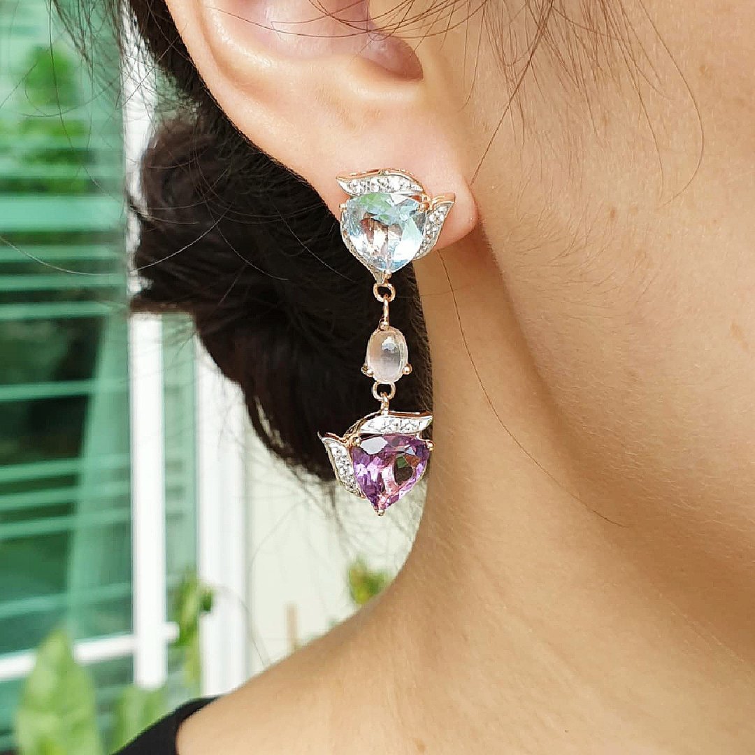 Gemstone earrings Blue topaz, Amethyst, Moonstone, White topaz - 耳环/耳夹 - 宝石 多色