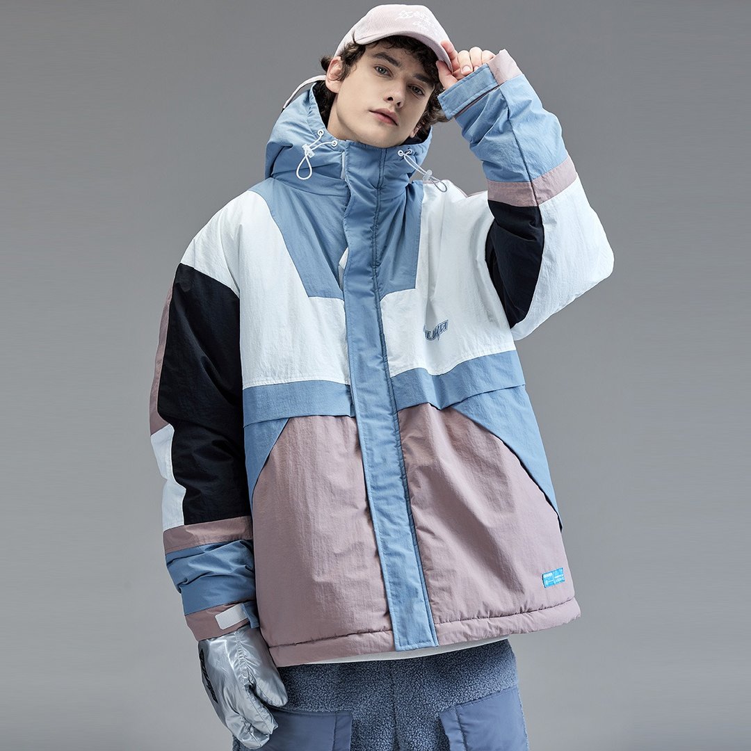 潮牌撞色拼接加厚冬季棉服 青少年嘻哈中長款寬松帶帽工裝棉衣男 - 男装外套 - 其他材质 