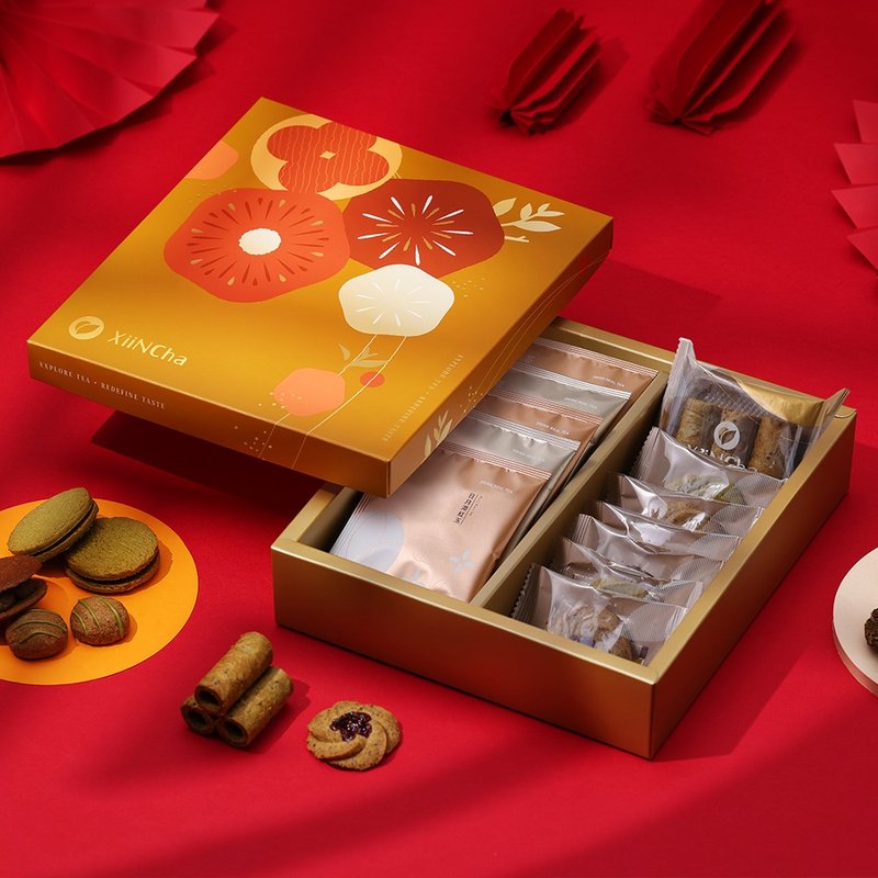 新年礼盒 | 焙茶三明治饼&金萱曲奇&京番球饼&台湾茶包 烫金12入 - 手工饼干 - 新鲜食材 多色