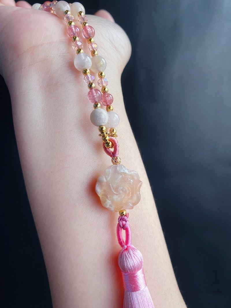 樱花玛瑙 水中花 水晶 手机链 包挂 闺密 天然石 生日礼物 - 挂绳/吊绳 - 水晶 粉红色