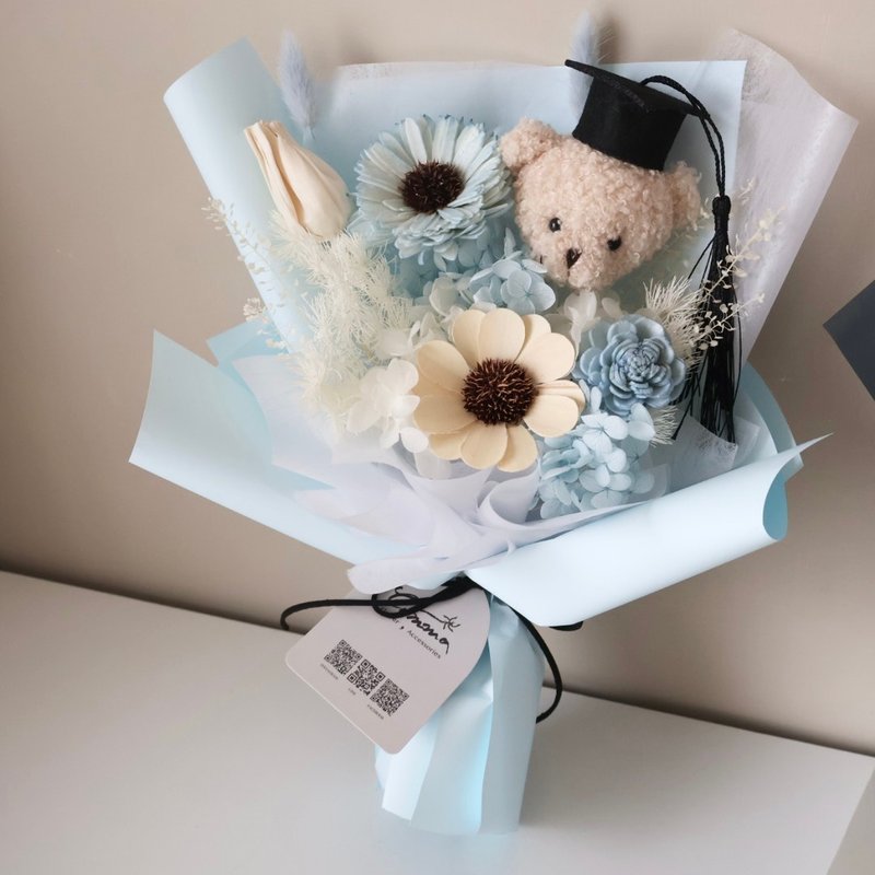 毕业熊花束 水蓝太阳花花束 向日葵 生日 周年 毕业礼物 老师礼物 - 干燥花/捧花 - 植物．花 多色