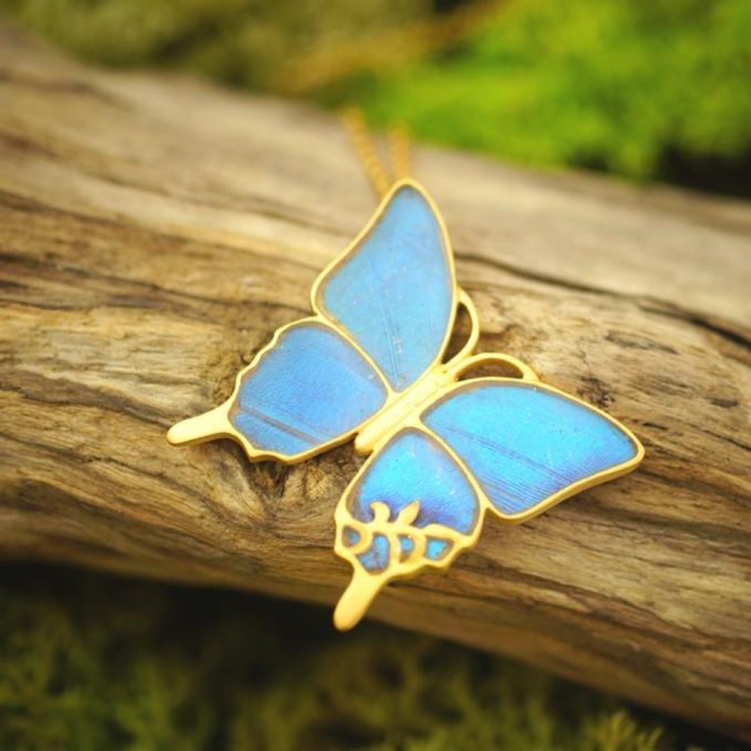 Large antique pendant of morpho butterfly licked - 项链 - 其他金属 蓝色