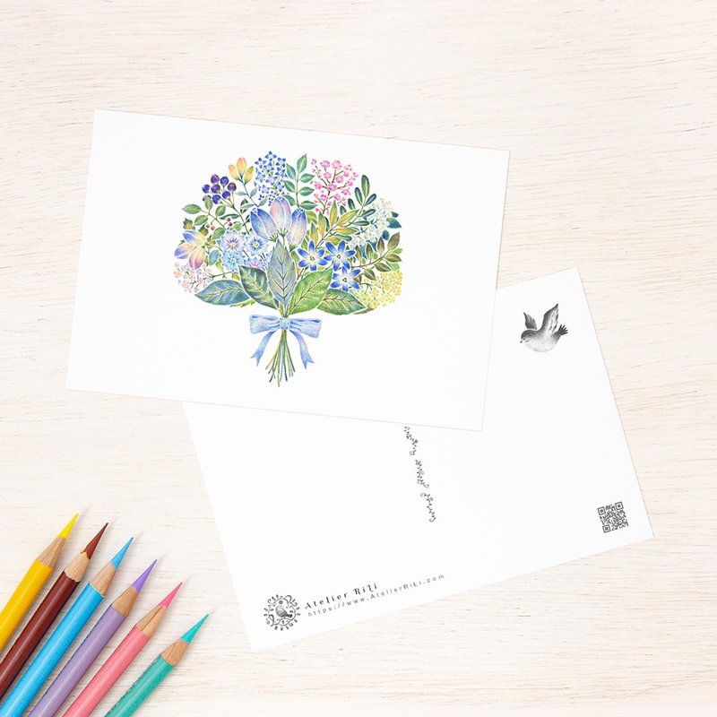 5枚セット。絵本のような。ポストカード "青色の花束" PC-470 - 卡片/明信片 - 纸 蓝色