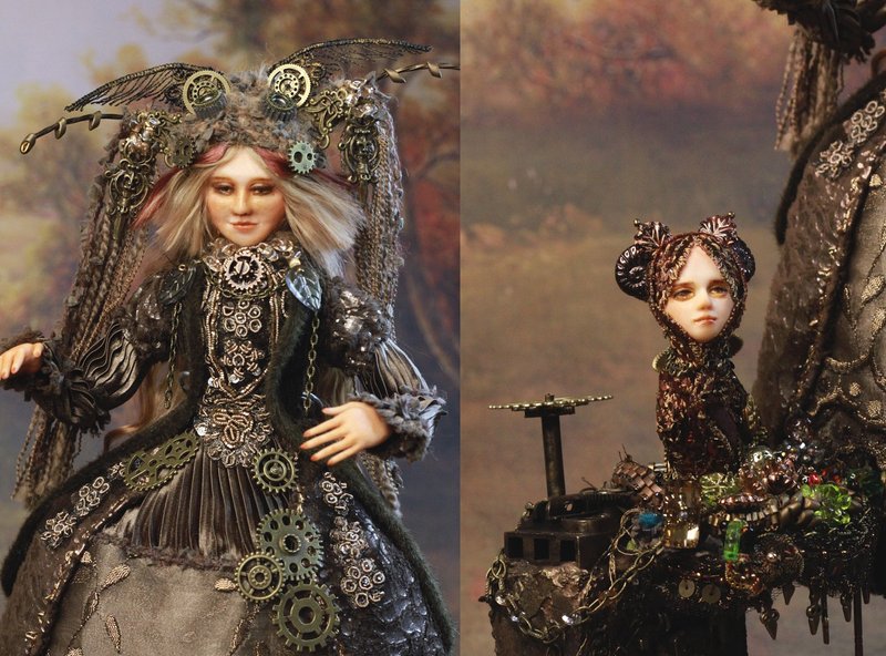 Steampunk Art Doll Arina and The Birdhouse She Built handmade collectible doll - 摆饰 - 粘土 多色